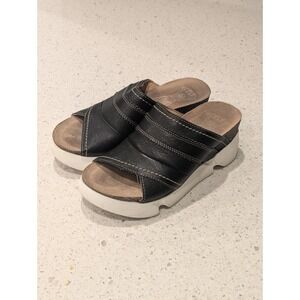 Fly London Womens Black Slip On Leather Open Toe SIVE Sandals 38 EU 8 US Wedge